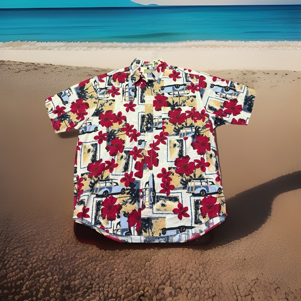 Natural Issue Shirt M Cotton Button Up‎ Aloha Hibiscus Short Sleeve Classic Cars